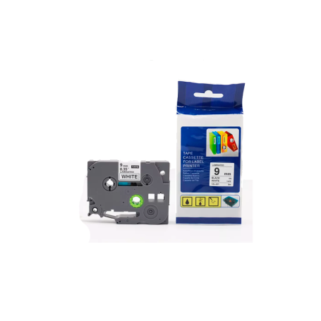 TZC-221 | CINTA COMPATIBLE PARA ROTULADORA BROTHER ADHESIVAS DE FONDO BLANCO CON LETRAS NEGRAS 9MM X 8M