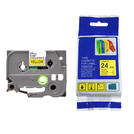 CINTA ADHESIVA COMPATIBLE TZC-S651 PARA ROTULADORA BROTHER AMARILLO LETRAS NEGRAS 24MM X 8M