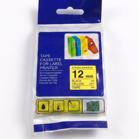 CINTA COMPATIBLE TZc-S631 SUPER ADHESIVA NEGRO SOBRE AMARILLO 12MM X 8