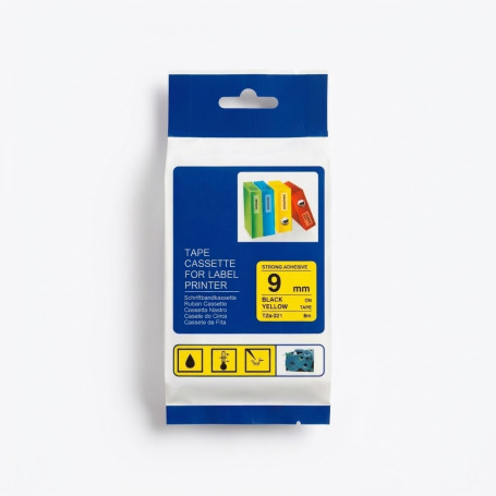 CINTA COMPATIBLE TZc-S621 SUPER ADHESIVA NEGRO SOBRE AMARILLO 9MM X 8M