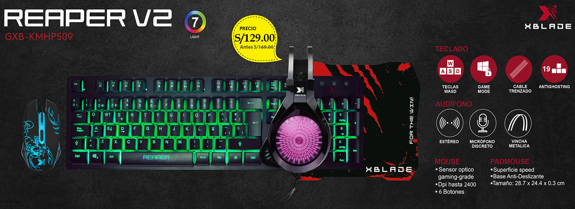 TECLADO XBLADE GAMING + MOUSE + AUDIFONO + PAD MOUSE REAPER V2 KIT 4 EN 1 (GXB-KMHP509) inversiones aura peru